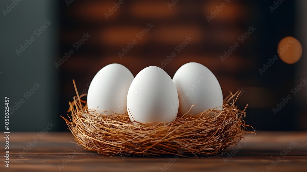 Poster three white chicken eggs resting in a delicate nest woven with straw grass showcasing a warm and inv