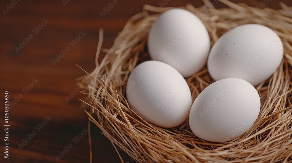 Poster Rustic scene featuring a nest of straw grass with white farm fresh eggs softly illuminated by warm natural light and gentle shadows highlighting the simplicity and tranquility of rural life