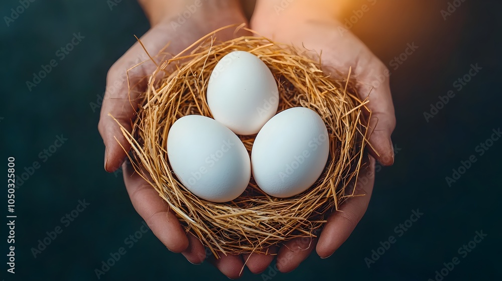 Poster Arrangement of freshly laid white chicken eggs nestled in a rustic straw nest with soft warm sunlight filtering through to create a natural