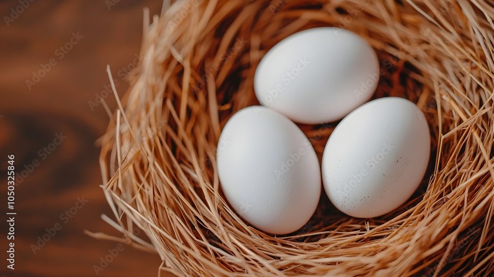 Poster closeup of fresh white eggs nestled in a straw nest with natural textures and soft lighting that evo