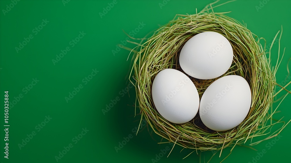 Aufkleber closeup of white eggs nestled in a nest of straw grass with natural textures and soft lighting evoki