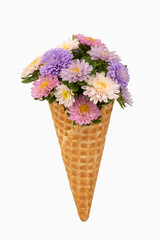 Ice cream cone with flowers, bouquet of flowers