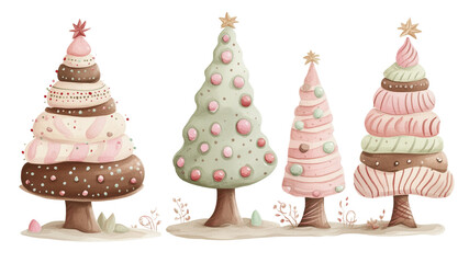 watercolors painting of four stylized Christmas trees, each designed with a dessert appearance. trees decorated with various frosting patterns and sprinkles, resembling sweet treats. festive, playful 