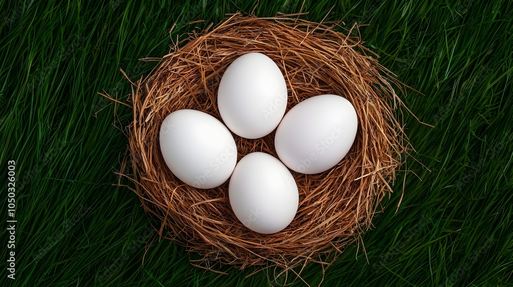 Poster elegant arrangement of white chicken eggs nestled in golden straw grass with contrasting textures in