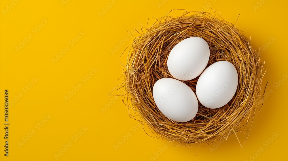Poster Nest of golden straw grass gently cradling smooth white chicken eggs in a peaceful natural setting  The contrasting textures and simple organic arrangement create a serene rustic scene
