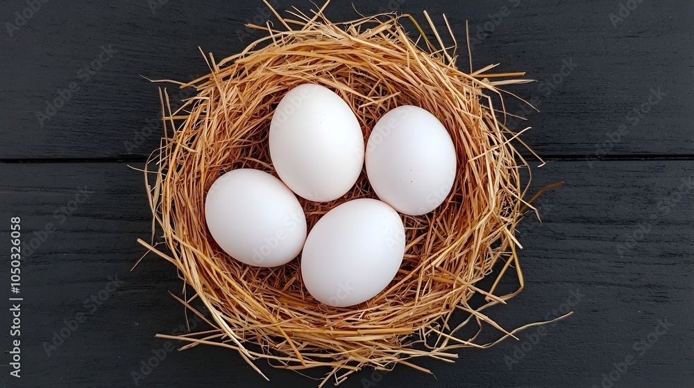 Poster beautifully arranged white chicken eggs resting in a natural nest of golden straw grass the contrast