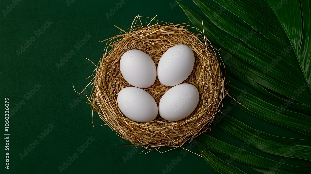Poster Smooth white chicken eggs nestled cozily in a natural arrangement of golden straw grass creating a visually appealing contrast between the softness of the eggs and the rough texture of the straw