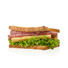Sandwich with lettuce, cheese and sausage on white isolated background