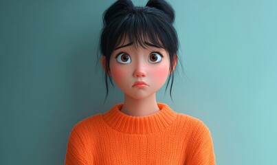 Sad Stressed Upset Disappointed Asian Cartoon Character Young Woman in 3D Style Wearing Orange Sweater on Light Background, Generative AI