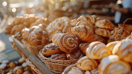 Freshly baked pastries displayed in a warm, inviting market setting.