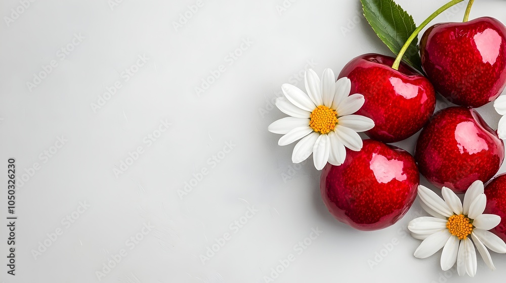 Poster vibrant red cherries and a delicate white daisy flower resting on a clean minimalist white surface c