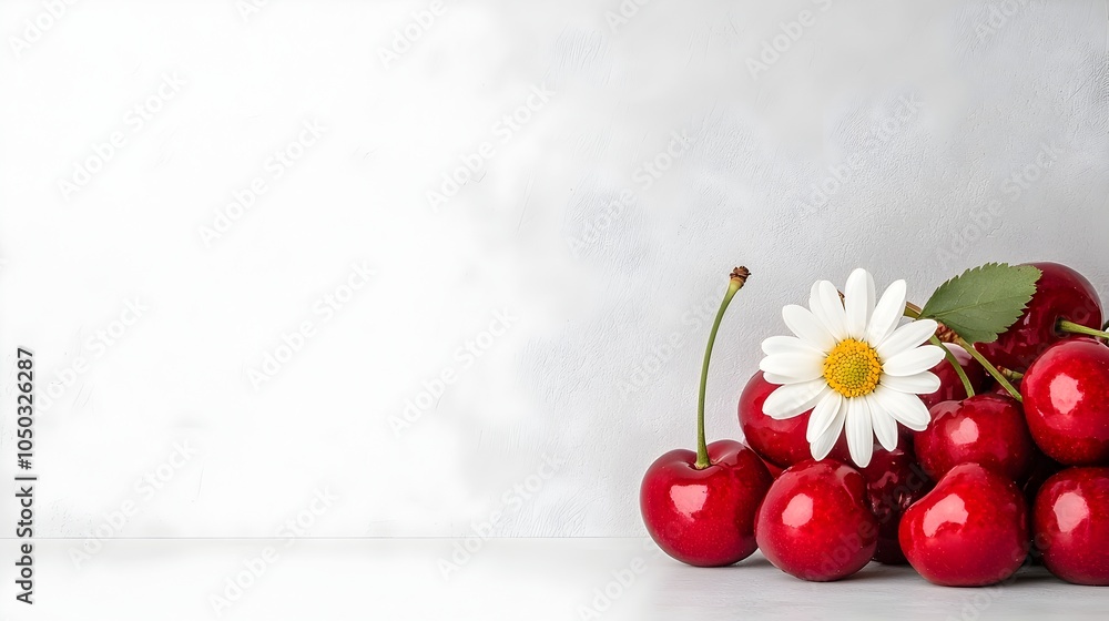Aufkleber vibrant red cherries and a delicate white daisy flower resting together on a clean white surface cre