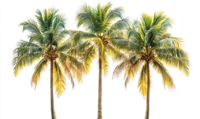 Obraz premium Three Vibrant Coconut Palm Trees Isolated on White Background, Tropical Island Nature, Summer Vacation Concept, Exotic Flora Photography, Generative AI