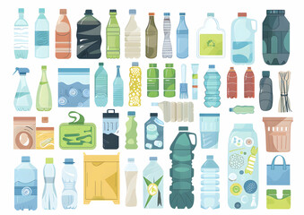 Fototapeta premium A collection of various plastic bottles, containers, and packaging for recycling or waste management.