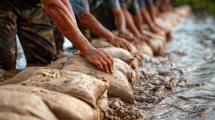 Hands placing sandbags to prevent flooding during a natural disaster response.