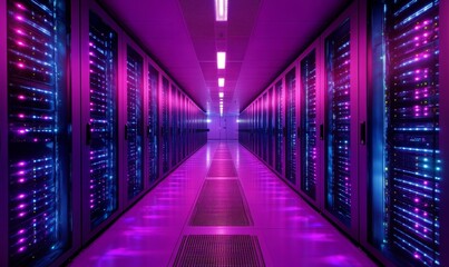 Fototapeta premium Futuristic Data Center Corridor with Blue and Purple LED Lights between High-Speed Computing Servers for Internet and Cloud Services, Generative AI