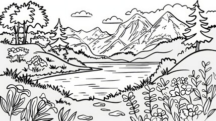 A painting formed from a blank pattern of a landscape to educate children to color.