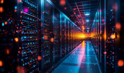 Compliance-Ready Data Center Solutions with Illustrative Servers Highlighting Regulatory Standards Adherence in Modern Facility during Night Time for GDPR, HIPAA, AI, Generative AI