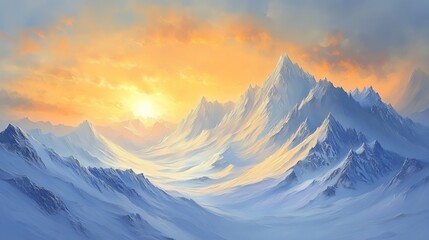 Majestic snowy mountains at sunrise, evoking tranquility and beauty.