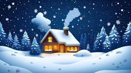 A cozy cabin nestled in the snowy forest under a starry night sky brings warmth and tranquility to a winter evening