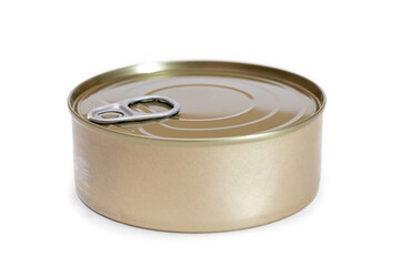 Round Unopened Tin Can Isolated on White Background. Canned Food. Aluminum Can for Safe and Long Term Storage of Food. Steel Sealed Food Storage Container - Isolation