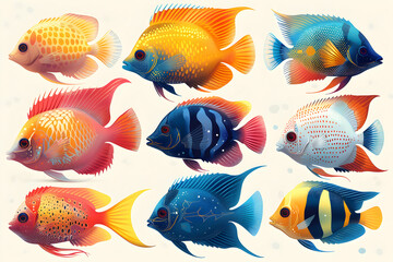 Fototapeta premium A set of nine colorful angelfish illustrations, with various patterns and fin shapes.