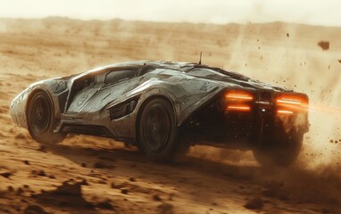 Futuristic Armored Vehicle: A Desert Chase. Speed, dust, and adrenaline fuel this intense race across a barren landscape.