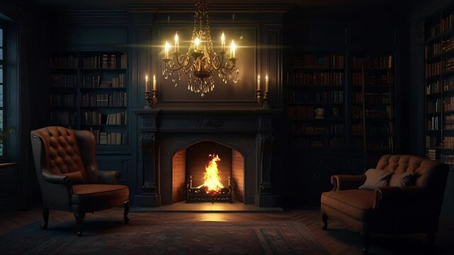 Private library room with old fireplace vintage concept. Seamless 4K looping timelapse video animation background