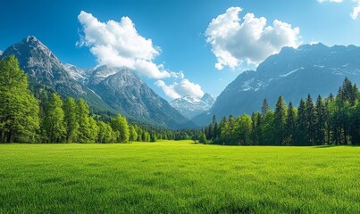 Fototapeta premium Mountain Meadow Paradise with Green Grass Fields, Majestic Mountains, Blue Sky and White Clouds on a Sunny Day - Ideal for Nature, Serenity, and Adventure, Generative AI