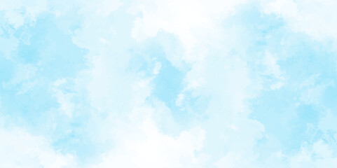 blue sky with clouds. Light sky blue shades watercolor background. Sky Nature Landscape Background. sky background with white fluffy clouds.><	