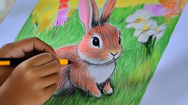 A cute, easy drawing of a rabbit for kids, with a round face, big floppy ears, and a tiny nose. The rabbit has simple oval eyes and a happy smile, sitting with small paws and a fluffy tail.