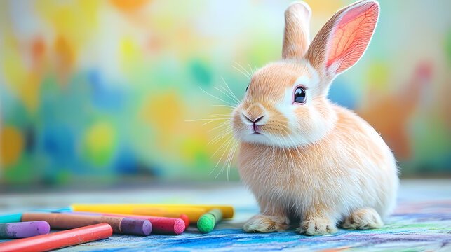 A cute, easy drawing of a rabbit for kids, with a round face, big floppy ears, and a tiny nose. The rabbit has simple oval eyes and a happy smile, sitting with small paws and a fluffy tail.