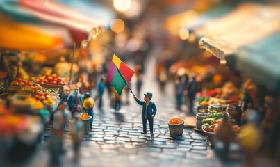 Miniature market with flag and vendor.