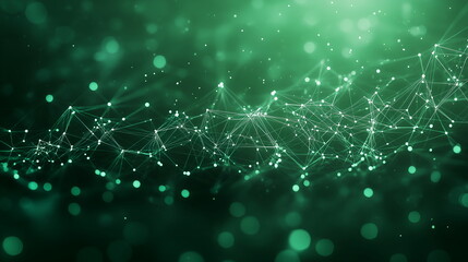 Glowing green digital spider web network on dark background. Abstract combination of modern digital technology and Halloween holiday. Template with copy space for backdrop, banner, card, wallpaper