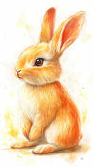 Fototapeta premium A cute, easy drawing of a rabbit for kids, with a round face, big floppy ears, and a tiny nose. The rabbit has simple oval eyes and a happy smile, sitting with small paws and a fluffy tail.