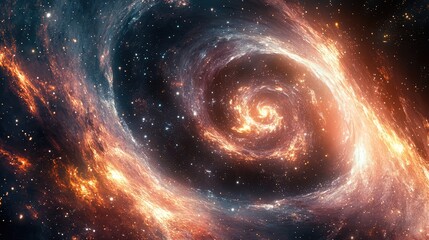 A mesmerizing view of a swirling galaxy with glowing arms of stardust and cosmic gases, creating a hypnotic spiral in the depths of space