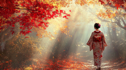Fototapeta premium Japanese Woman Strolling Among Autumn Trees, Relaxed