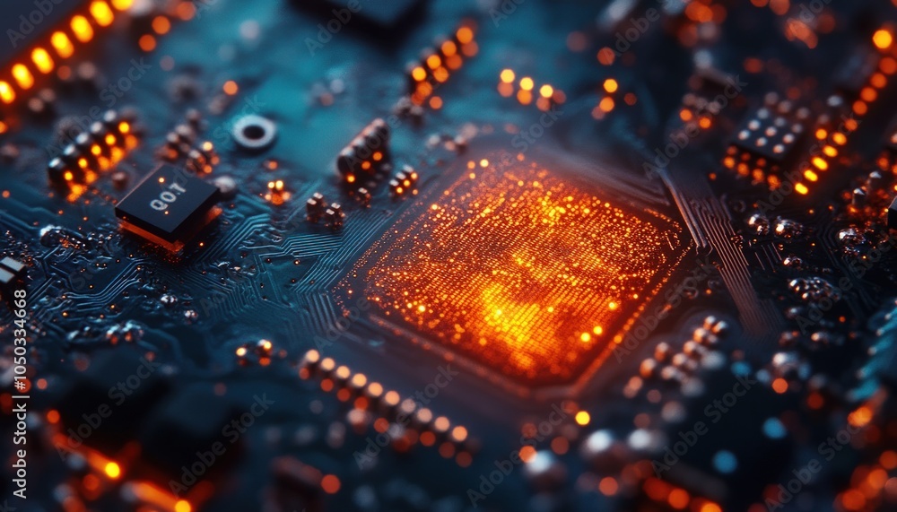 Poster closeup of a glowing cpu on a circuit board.