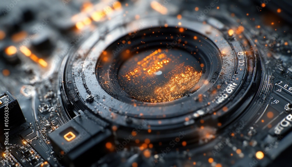 Poster close-up of a camera lens with glowing particles and circuit board.
