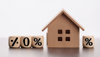 Wooden house model with percentage blocks on white background. 3D Rendering