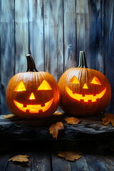 Obraz premium Glowing carved pumpkins Jack O Lantern with laughing grinning scary face on dark rustic surface with dry orange leaves. Halloween atmosphere. Vertical banner, poster or background with copy space