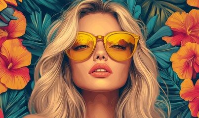 Stylish Blonde Woman in Yellow Sunglasses Surrounded by Bright Floral Background in Pop Art Style Painting, Generative AI