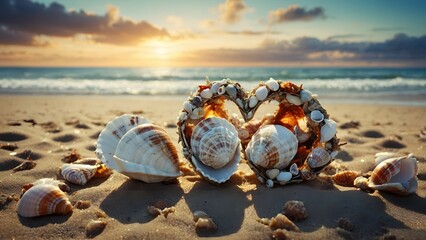 Heart-shaped Arrangement of Seashells on Sandy Beach at Sunset by the Ocean