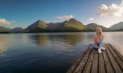 Happy young woman sitting on a wooden pier by a calm lake with green mountains and a clear sky at sunset