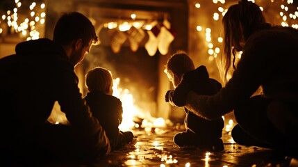 Fototapeta premium Parents and children lighting the fireplace for the first time on Christmas Eve, with stockings hanging above and soft Christmas lights glowing around the room.