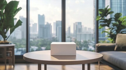 A minimalist box is showcased on a small table, framed by a sleek apartment's city skyline