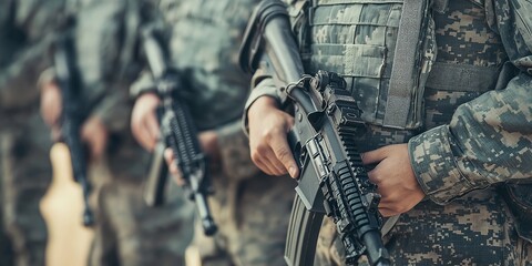 A group of soldiers firmly grip rifles, positioned attentively in a strategic defensive setup for maximum readiness.
