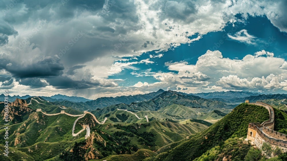 Poster a dynamic view of the great wall of china snaking over mountainous terrain with dramatic cloud forma