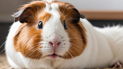 Closeup of a white and brown guinea pig with big eyes looking at the camera.