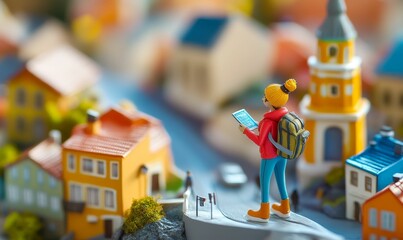 Miniature toy city with a tourist.